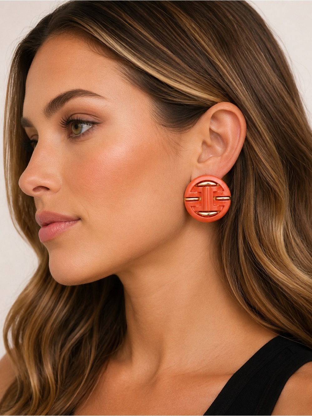 Vintage Coral Lucite Clip-On Earrings Gold Tone Geometric Mod Retro 1980s